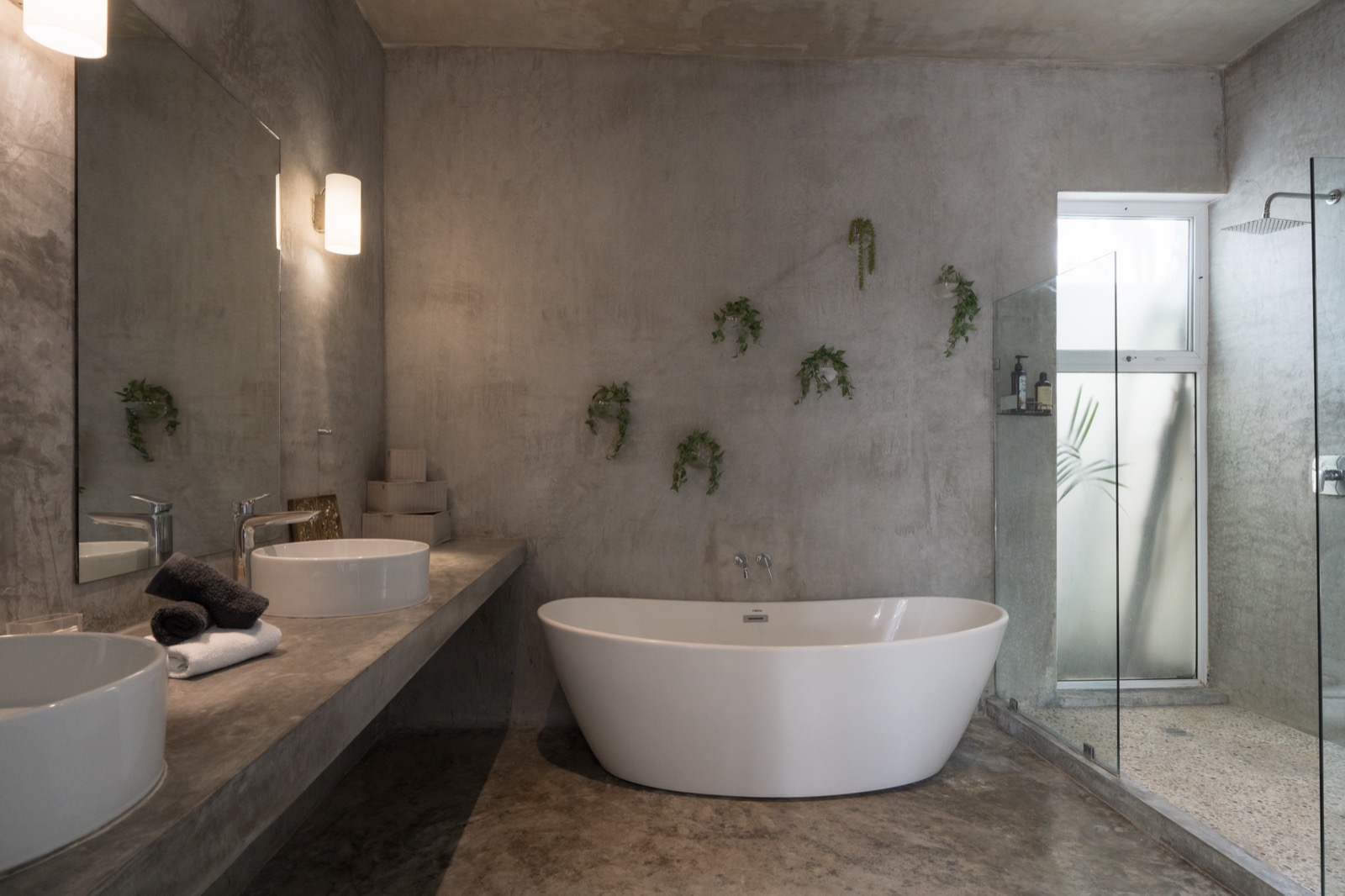 A freestanding tub against a bare plaster wall, trailing vines in small wall-mounted vessels